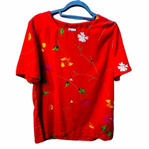 Vintage Maren Blouse Top Vibrant Flowers on a Red Background Size Med - Hey Viv